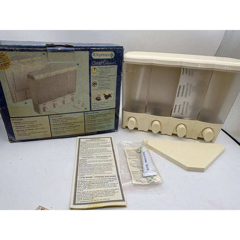 NOS The Dispenser Clear Choice 4 Chamber Shower Dispenser Wall Mount NIB